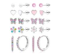 LOLIAS 10 Pares Pendientes Niña Hipoalergenicos Acero Inoxidable Pendiente Aro PlataRosa Multicolor Pendiente con Flor Mariposa Corazón Perlas Pendientes Bebe Niña Mujeres