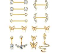 LOLIAS 12 Unids 14G Piercing de Pezón y Ombligo para Mujeres - Acero Inoxidable con Mariposa, Serpiente, CZ - Barbell de Lengua y Anillo de Ombligo - Joyería para el Cuerpo