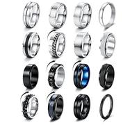 LOLIAS 16 Piezas Anillos Hombre Plata Negro Acero Inoxidable Acabado Mate Anillo Cadena Banda Pulido Abrebotellas Anillos Alianzas Boda Anillo Compromiso Vintage Fidget Anillo para Hombre Mujere