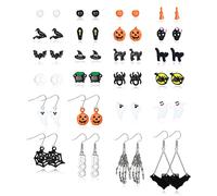 LOLIAS 24 Pares Pendiente Aretes Halloween Set Bat Cat Spider Pumpkin Witch Earrings for Women Spider Web Pumpkin Boo Ghost Skull Drop Earrings Halloween Jewellery