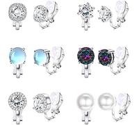 LOLIAS 6 Pares Pendientes Clip para Mujeres No Perforado Clip On Cubic Zirconia Piedra Luna Perla Del Arco Iris Pendientes Clip Set Hipoalergénicos Pendientes Boda Set