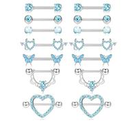 LOLIAS 7 Pares 14G Piercing Pezon para Mujer Acero Quirurgico Piercing Pezon Barras de Lengua Piercing Lengua Corazón Mariposa CZ Barra Juego de Anillos para Pezón Piercings Rectos