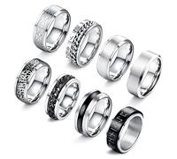 LOLIAS 8 Pcs Anilos Hombre Acero Inoxidable Abrebotellas Giratorios Cadena Banda Vintage Plata Anillos para Hombre Anillo Negro Regalo Tamano 14-30
