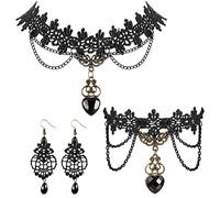 LOLIAS Halloween Collar Pulsera Pendientes Set Para Mujer Encaje Negro Lolita Steampunk Vampire Victorian Gothic Christmas Costume Set de Joyería