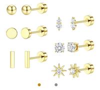 LOLIAS Pendientes Oro 14 Quilates Pendientes Botón Acero Inoxidable para Mujer Cartílago Hélice Concha Piercing para Trago Joyería Tornillo Pequeño Juego CZ para Múltiples Piercings