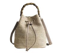 LOLIPPYY Bolso bandolera de mujer tipo cubo de rafia con cordón, color caqui, lino y poliéster, para playa y cita