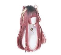 Lolita 60 CM Largo Negro Mixto Rosa Ombre Lady Fiesta Natural Cosplay Peluca Sintética Resistente Al Calor Completa + Gorra Rizada