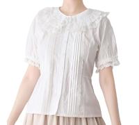 Lolita - Blusas de manga corta para mujer, cuello Peter Pan, estilo victoriano, vintage, kawaii, con cordones, volantes, a la moda, para el verano, Blanco, S