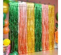 LOLStar Decoraciones hawaianas para fiestas Luau, 4 paquetes de 3.2 x 6.5 pies, cortinas de flecos de papel de aluminio verde, marrón y amarillo, accesorios de oropel para fotomatón de fotos, telón de