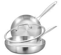 LOLYKITCH Juego de sartenes de acero inoxidable de tres capas de 8 a 12 pulgadas con tapa, sartenes, sartenes de inducción, aptas para lavavajillas y horno, mango remachado