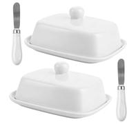 LOLYSIC 2 mantequeras de cerámica con tapa, color blanco, 16,5 x 13,3 x 8 | Mantequera con tapa, recipiente para mantequilla, almacenamiento de mantequilla para frigorífico, cocina y desayuno