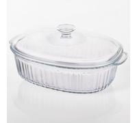 LOLYSIC Cacerola ovalada de vidrio de 2,8 L con tapa, 31 x 28 x 22 cm con tapa, cacerola de lasaña transparente de 7,5 cm de profundidad para hornear, cocinar, almacenar alimentos, servir alimentos