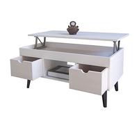 LoMasCasa - Mesa de Centro Elevable Modelo Karla 12 con 2 Cajones Deslizantes, Hueco Central, Madera Maciza de Pino Natural en Color Blanco y Patas Negras. Patas Cónicas. Medidas 100 x 50 x 47 cm