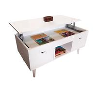 LoMasCasa - Mesa de Centro Elevable Modelo Karla 16 con 2 Cajones Deslizantes, Hueco Central, Madera Maciza de Pino Natural en Color Blanco Total. Patas Cónicas. Medidas 100 x 50 x 47 cm