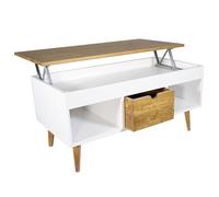 LoMasCasa - Mesa de Centro Elevable Modelo Karla 24 con Cajón Deslizante Central, Madera Maciza de Pino Natural en Color Blanco y Madera de Nogal Trapeado. Patas Cónicas. Medidas 100 x 50 x 47 cm