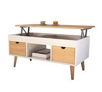 LoMasCasa - Mesa de Centro Elevable Modelo Karla con 2 Cajones Deslizantes, Hueco Central, Madera Maciza de Pino Natural en Color Blanco y Madera. Patas Cónicas. Medidas 100 x 50 x 47 cm