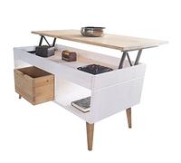 LoMasCasa - Mesa de Centro Elevable Modelo Karla con Cajón Deslizante Central, Madera Maciza de Pino Natural en Color Blanco y Madera. Patas Cónicas. Medidas 100 x 50 x 47 cm
