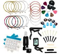 LOMEVE El kit de accesorios para guitarra incluye cuerdas de guitarra acústica, afinador, cejilla, herramienta de sujeción 3 en 1, púas, soporte para púas, pasadores de puente, tuercas y sillines,