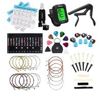 LOMEVE El kit de accesorios para guitarra incluye cuerdas de guitarra acústica, afinador, cejilla, herramienta de sujeción 3 en 1, soporte para púas, pasadores de puente, tuercas y sillines, protector