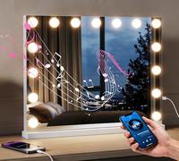 LOMIKEN Espejo de maquillaje Bluetooth Hollywood con 15 luces LED, 3 colores de luz, brillo ajustable, espejo de maquillaje estilo Hollywood, 58 x 45 cm, con puertos USB y tipo C, toque inteligente