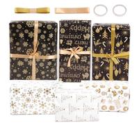 LOMIMOS 70 x 50 cm Papel de regalo de Navidad, 6 hojas de papel de Navidad en negro, dorado y blanco y dorado con copos de nieve con 2 rollos de cinta y un rollo de doble cara para envolver regalos