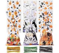 LOMIMOS - Lote de 150 bolsas de caramelo de Halloween, 13 x 28 cm, bolsas de regalo de plástico transparente de celofán para caramelos de palomitas de maíz con 300 bandas retorcidas