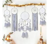 LOMOHOO 5 Pack Atrapasueños Luna y Sol Diseño Boho Decoración Colgante de Pared Hecho a Mano Tradicional Plumas Atrapasueños para Niños Dormitorio Hogar Decoración del Hogar (Marrón) (Marrón)