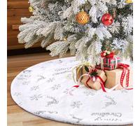 LOMOHOO Falda de árbol de Navidad redonda 120cm/48inch, falda de árbol de Navidad con lentejuelas plateadas copo de nieve, falda de felpa blanca para árbol de Navidad, alfombra de árbol de Navidad