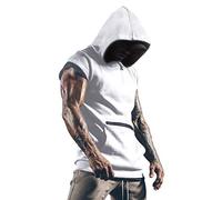 Lomon - Camisetas de gimnasio para hombre, camiseta deportiva, camiseta de tirantes fina para fitnes, sudaderas sin mangas, con capucha y bolsillos, blanco, S