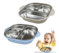 lomonmen 2 Piezas Plato Bebe Ventosa,Plato Silicona Bebe,Platos de Silicona para Niños,Bandeja de Comedor para Niños de Acero Inoxidable (Azul + Beige)