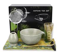 lompyeu 7 piezas Te Matcha Kit ，Matcha Kit Batidora de Matcha de Bambú, Cuenco de Matcha, Cuchara, Colador, Portacucharas, Soporte para la Batidora,Paño (Verde)