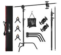 LOMTAP Kit de fotografía de metal inoxidable con soporte de luz C, poste vertical resistente de 210 cm, brazo de pluma de 87 cm, base ajustable, bolsa de arena de agua, 2 cabezales de agarre, 3 clips