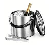 LOMUG Cubitera de acero inoxidable con tapa hermética, colador y pinzas para hielo, recipiente aislado de doble pared para cubitos de hielo, ideal para enfriar cerveza, champán, vino y frutas (2 L)