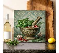 lona de mortero para cocina, arte de pared, rústico, clásico, albahaca, ajo, verano, verde, pintura de pared, arte colgante, comedor, desayuno, nook, restaurante, decoración de 12 x 12 pulgadas