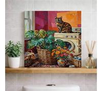 lona decorativo para pared con diseño de gato y plantas, vibrante estampado floral verde café, decoración de otoño para sala de estar, cocina, lavandería, lona envuelto, 12 x 12 pulgadas