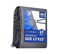 Lona extra resistente de 12 x 12 pies, extremadamente resistente a la intemperie, impermeable, toldo cubre, ojales de metal resistentes al desgaste y bordes reforzados, lona azul/gris por RAINDEWAY