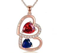 LONAGO Collar de plata S925 con forma de corazón personalizado con 2 piedras de nacimiento, piedra natal para el día de la madre, collar de oro rosa