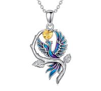 LONAGO Collar Fénix Plata de ley 925 Fénix Azul con Piedra Natal de Corazón Collar con Colgante para Mujer (Noviembre)