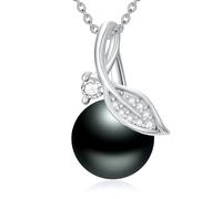 LONAGO Collar para mujer con perlas negras y hojas, símbolo infinito plateado de 10 mm, 45,7 cm + 5,1 cm, collar para madre, 10 mm (perle) / 50.7 cm (chaîne), Plata esterlina, Pearl