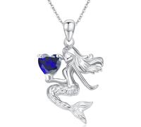 LONAGO Collar Sirena para Mujer Plata de ley 925 Sirena Sosteniendo Corte de Corazon Piedra del Zodíaco Colgante Collar (Septiembre)