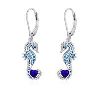 LONAGO Pendientes de Caballito de Mar Plata de Ley 925 Azul Caballito de Mar con Piedra Natal de Corazón Colgantes Pendientes para Mujer (Septiembre)