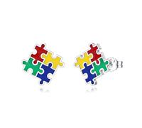 LONAGO Pendientes de concienciación sobre el autismo, plata de ley 925, regalos para autistas, coloridos rompecabezas de pieza de tuerca, joyería para mujer, 14 millimeters, Plata de ley, Sin piedra
