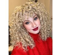LONAI Peluca corta rubia rizada con flequillo para mujer, pelucas rubias ceniza con flequillo, peluca sintética rizada WIG006 para uso diario, fiesta, cosplay, rubio ceniza