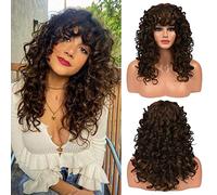 LONAI WIG006 - Peluca rizada con flequillo para mujer, peluca larga de 23 pulgadas, color marrón chocolate, peluca sintética rizada y hermosa para uso diario, fiesta, cosplay, color marrón chocolate
