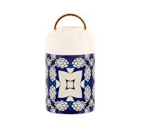 Lonchera aislada al vacío de acero inoxidable con patrón vintage azul y blanco para niños con cuchara para niños, avena, 17 onzas