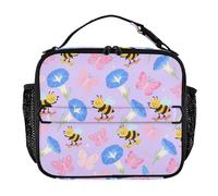 Lonchera aislada para niños, lonchera a prueba de fugas, correa de hombro aislada y soporte para botellas, bolsa aislada para playa, viajes, mañana, gloria, flor, abejas divertidas moradas