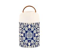 Lonchera de acero inoxidable con patrón vintage azul y blanco aislada al vacío para niños con cuchara para hombre, 17 onzas