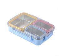 Lonchera de acero inoxidable de tres compartimentos con tapas selladas de silicona a prueba de fugas, diseñada para un transporte seguro y limpio de comidas sin derrames ni mezclas (azul)