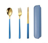 Lonchera de viaje para 1 persona, juego de cubiertos portátil de acero inoxidable con funda, 3 piezas de tenedor y palillos para acampar al aire libre, senderismo, vajilla ligera reutilizable con