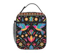 Lonchera mexicana con estampado floral de pájaros para hombres y mujeres, bolsa térmica reutilizable con correa ajustable para el hombro y bolsillos laterales. Ideal para viajes, oficina y camping.